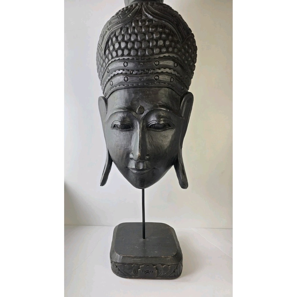 Large Hand Carved Wooden Buddha Head Statue on Stand 28" Black Zen Decor